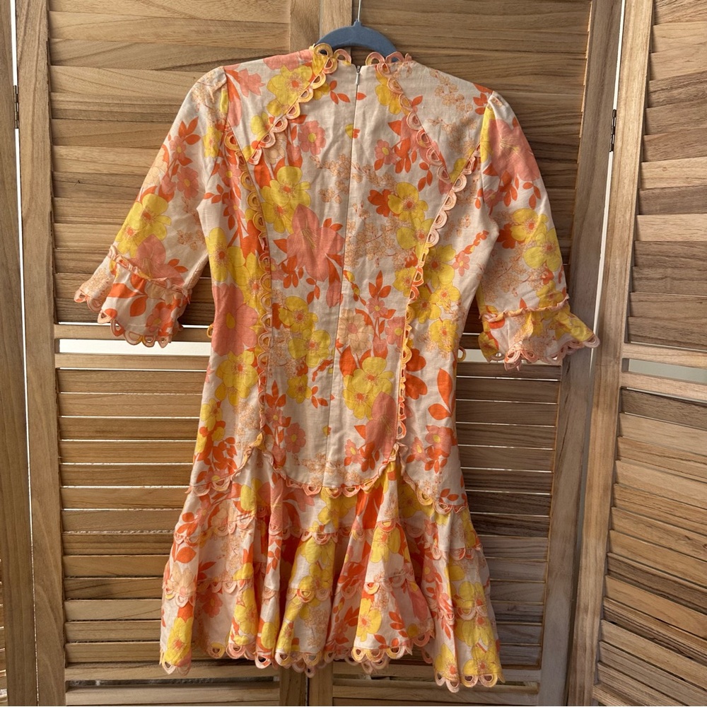 Light Beige Printed Linen & Cotton Scallop Detail Mini Dress size S - Picture 4 of 8